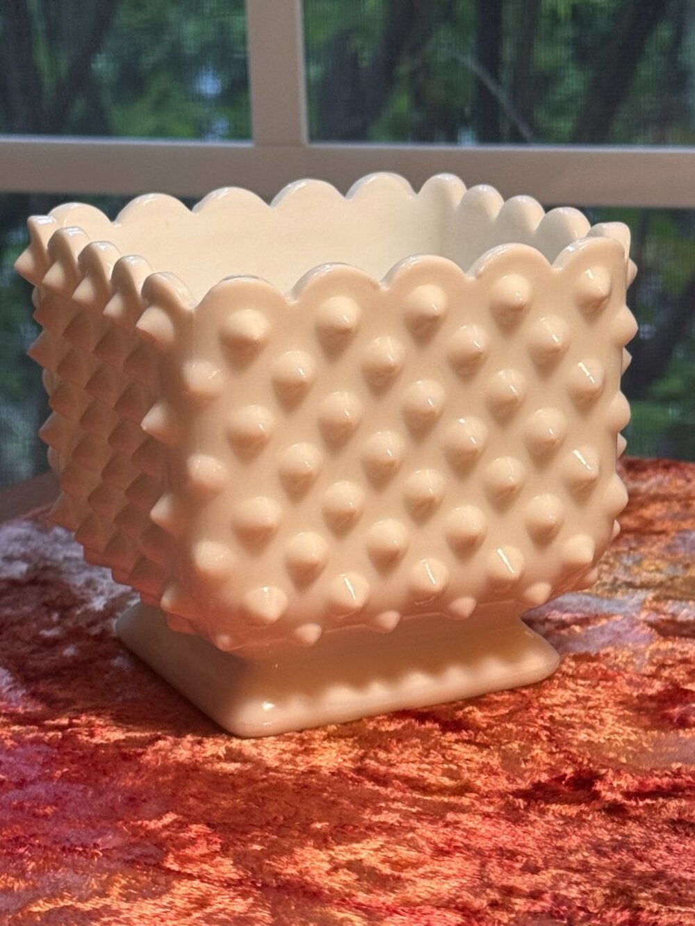 Vintage Fenton White Milk Glass Hobnail Pointed Square Planter Vase